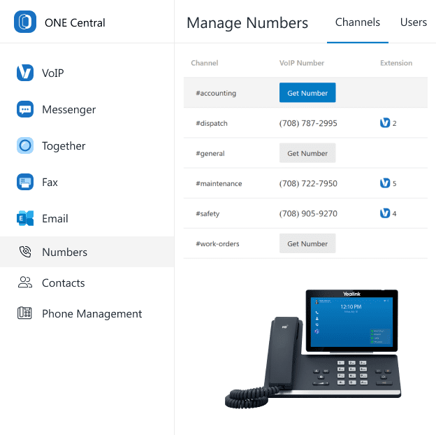 ONE Central business phone system's screenshot showing ability to purchase phone numbers and assign extensions. Overlaid with an IP phone to show ONE Central comprehensive offering.