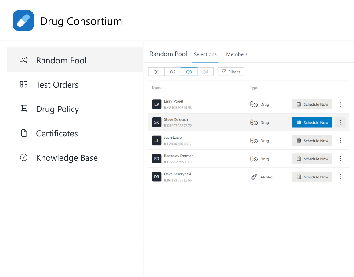 Drug Consortium app screenshot showing Random Pool tab with current quarter’s selections and “Schedule Now” button highlighted. Menu includes Test Orders, Drug Policy, Certificates, and Knowledge Base.