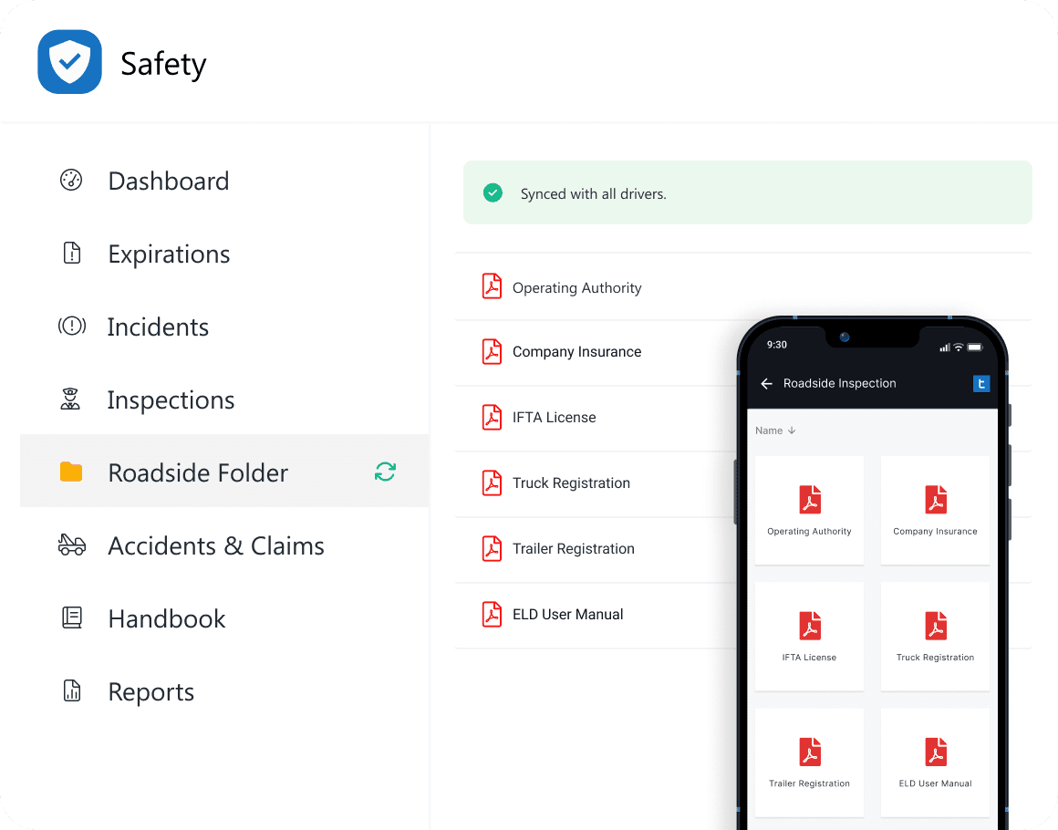 Safety app screenshot showing always-synced Roadside Folder for roadside inspections. Menu includes Dashboard, Expirations, Incidents, Inspections, Accidents & Claims, Handbook, and Reports.